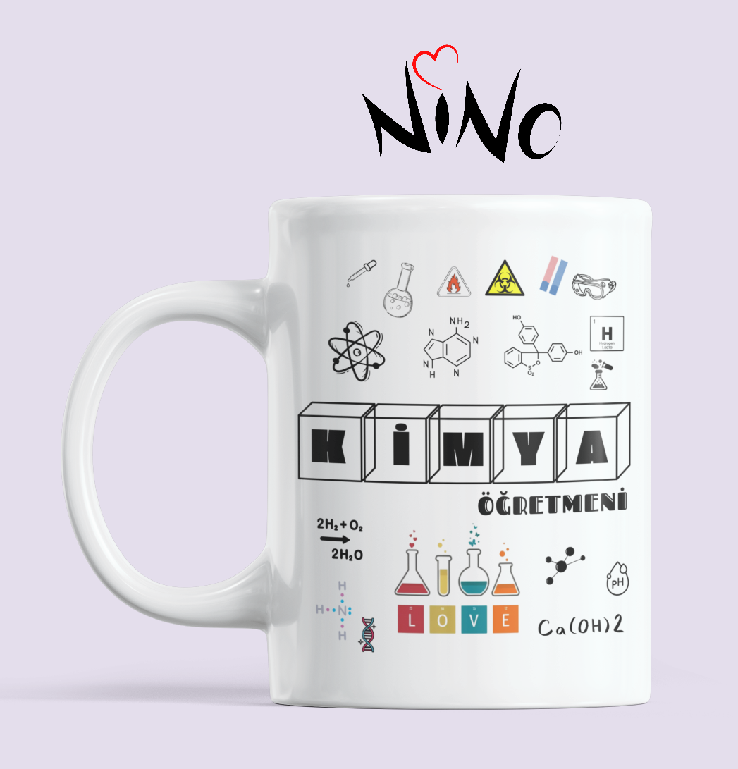 Kimya temalı porselen kupa; kimya öğretmenine hediye