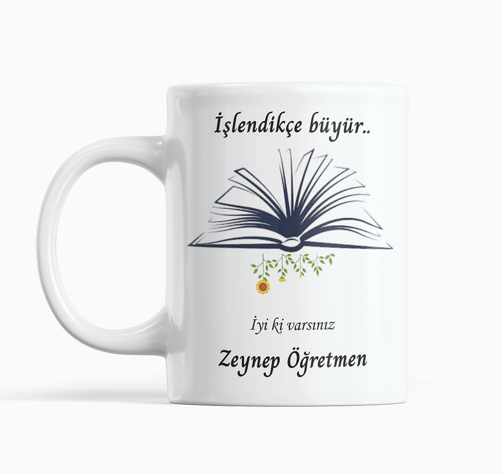 Öğretmen ve çocuk temalı porselen kupa; çift taraflı baskı