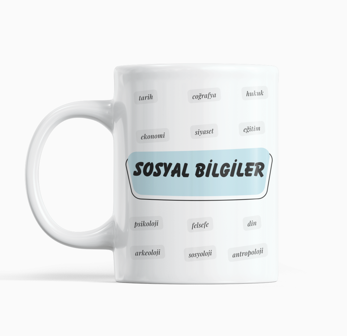 Sosyal bilgiler temalı porselen kupa; öğretmene hediye
