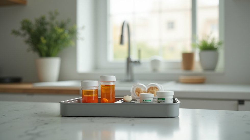 Close-up view of a neatly arranged medication organizer on a kitchen counter