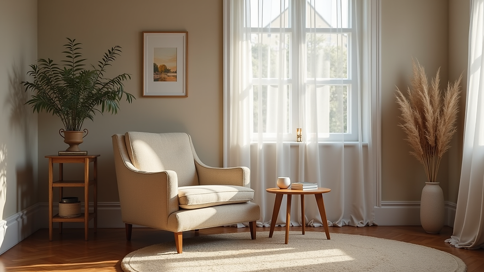 Eye-level view of a cozy living room with a comfortable armchair and a small side table