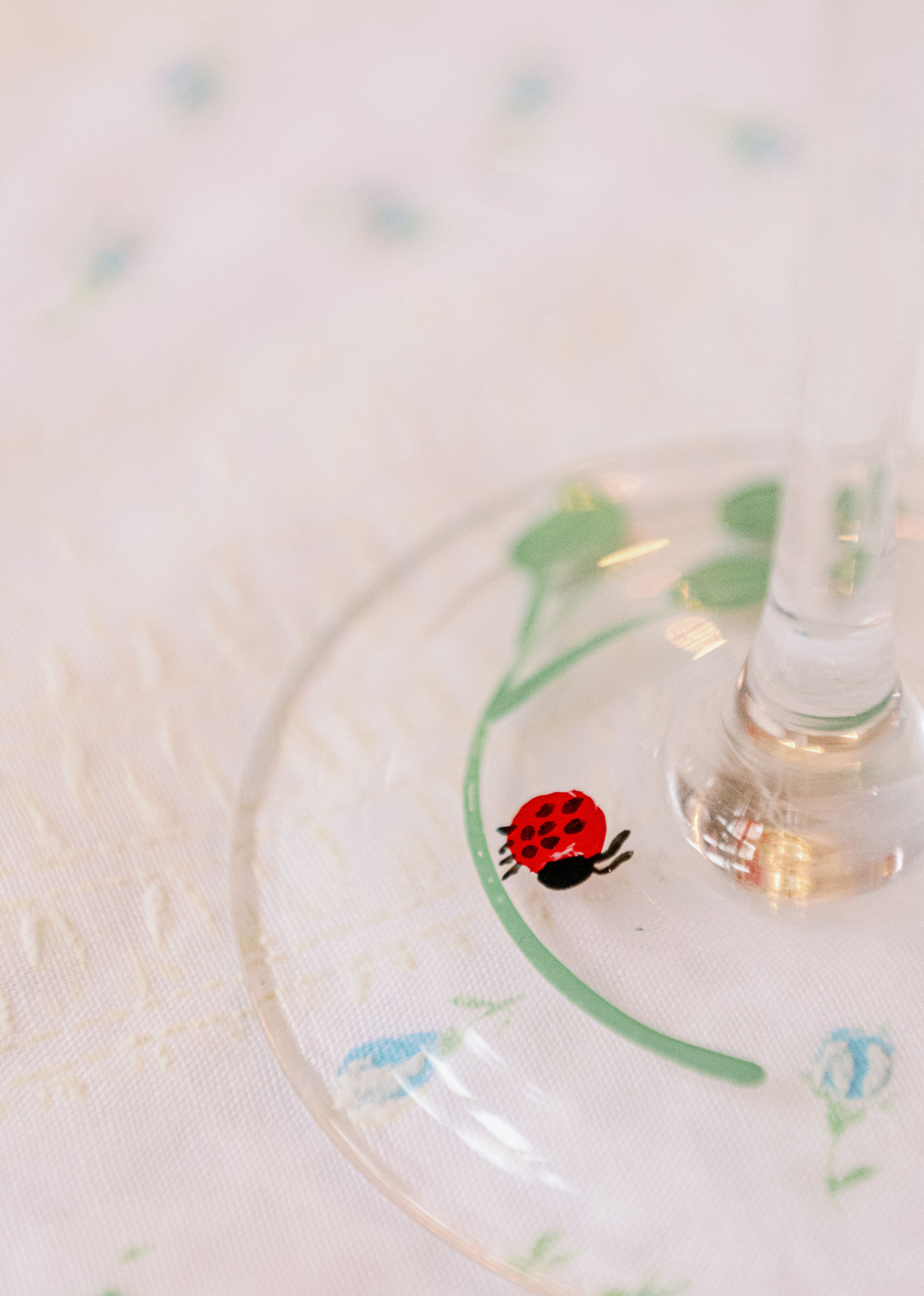 A close up image of the bottom of a wineglass that is hand painted with a leaves and a ladybug