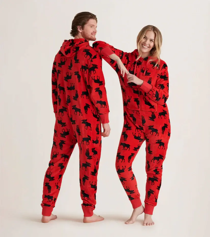 Adult Fleece RED MOOSE Jumpsuit-Moose on Red