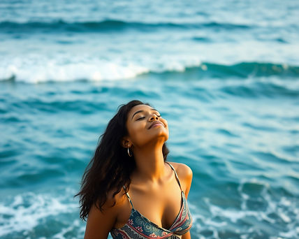 video of a multicultural woman taking a deep breath standing in front of a ocean feeling c