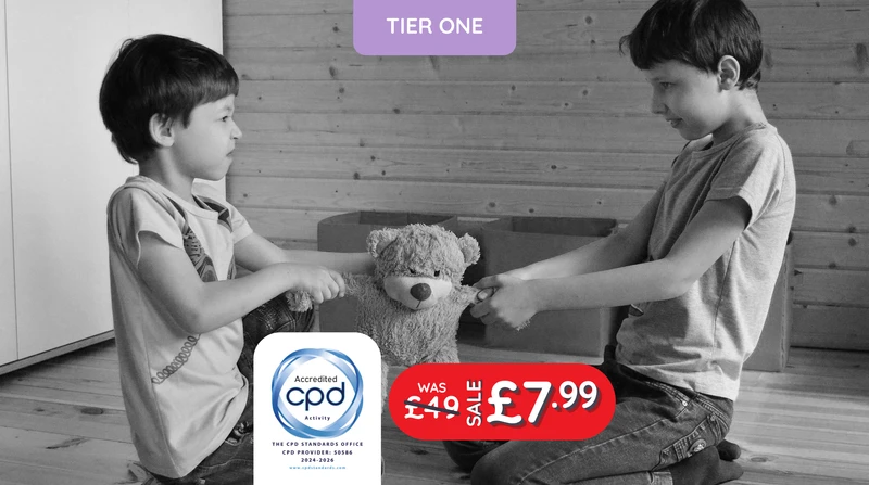 two children playing with a teddy bear and a tier one logo