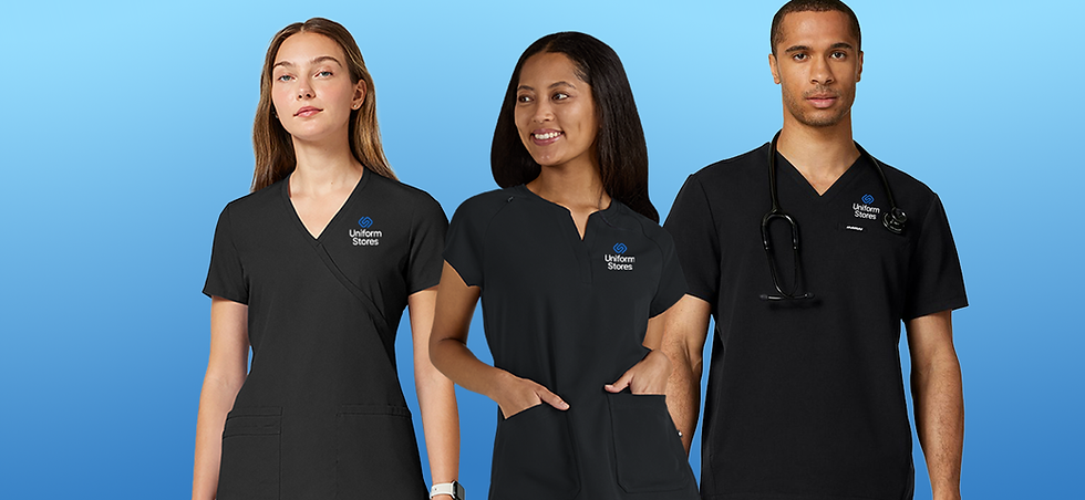 Three healthcare workers in branded, cohesive scrubs