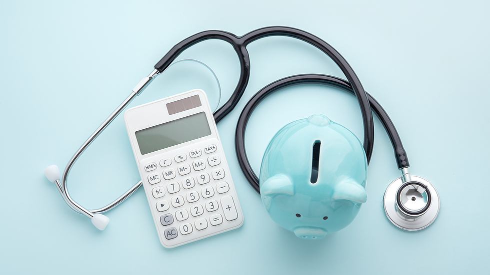 A light blue piggy bank with a calculator and a stethoscope