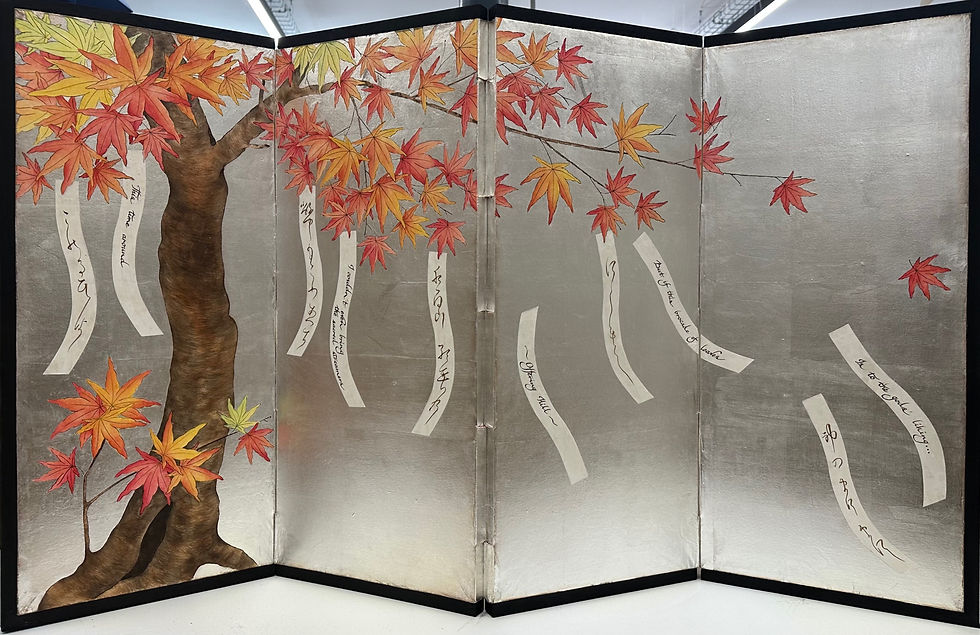 Thumbnail: An Offering to Gods | 4-panel silver gilt painted folding screen