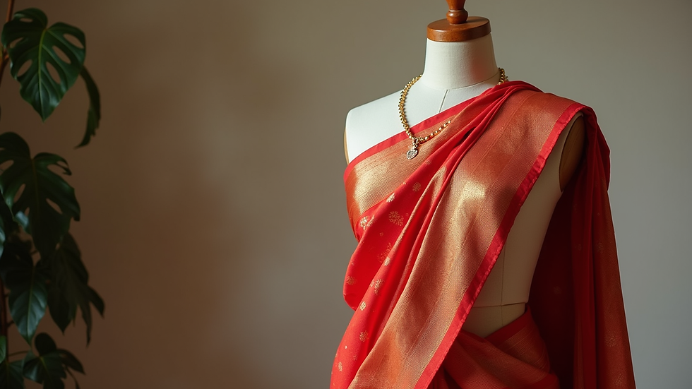 Eye-level view of a Kanjeevaram saree draped elegantly on a mannequin
