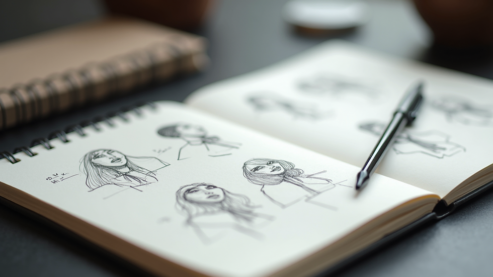 Close-up view of a notepad filled with sketches and notes related to audience personas