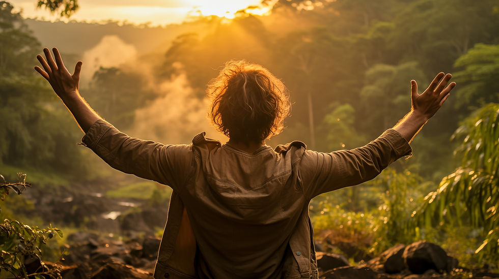 A person stands with arms wide open, embracing the golden glow of the sunrise amidst a lush, misty forest landscape.