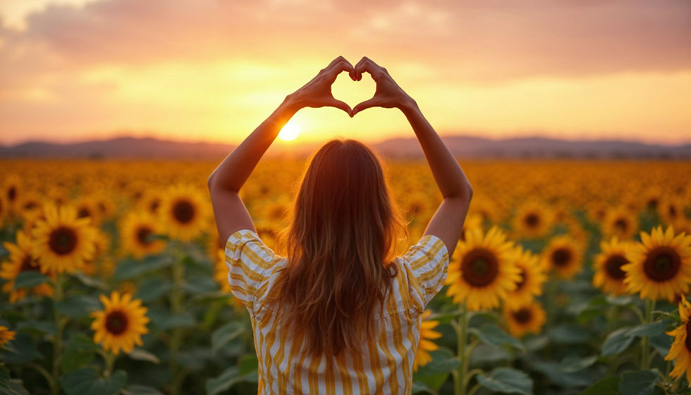 A woman in a striped shirt makes a heart with her hands in a sunflower field at sunset, creating a warm, serene mood.
