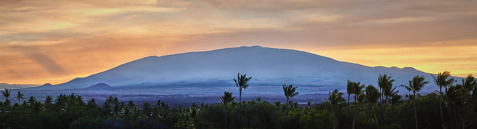 Pre-Dawn orange glow Over Mauna Kea volcano with palm trees at Mauna Lani in the foreground
