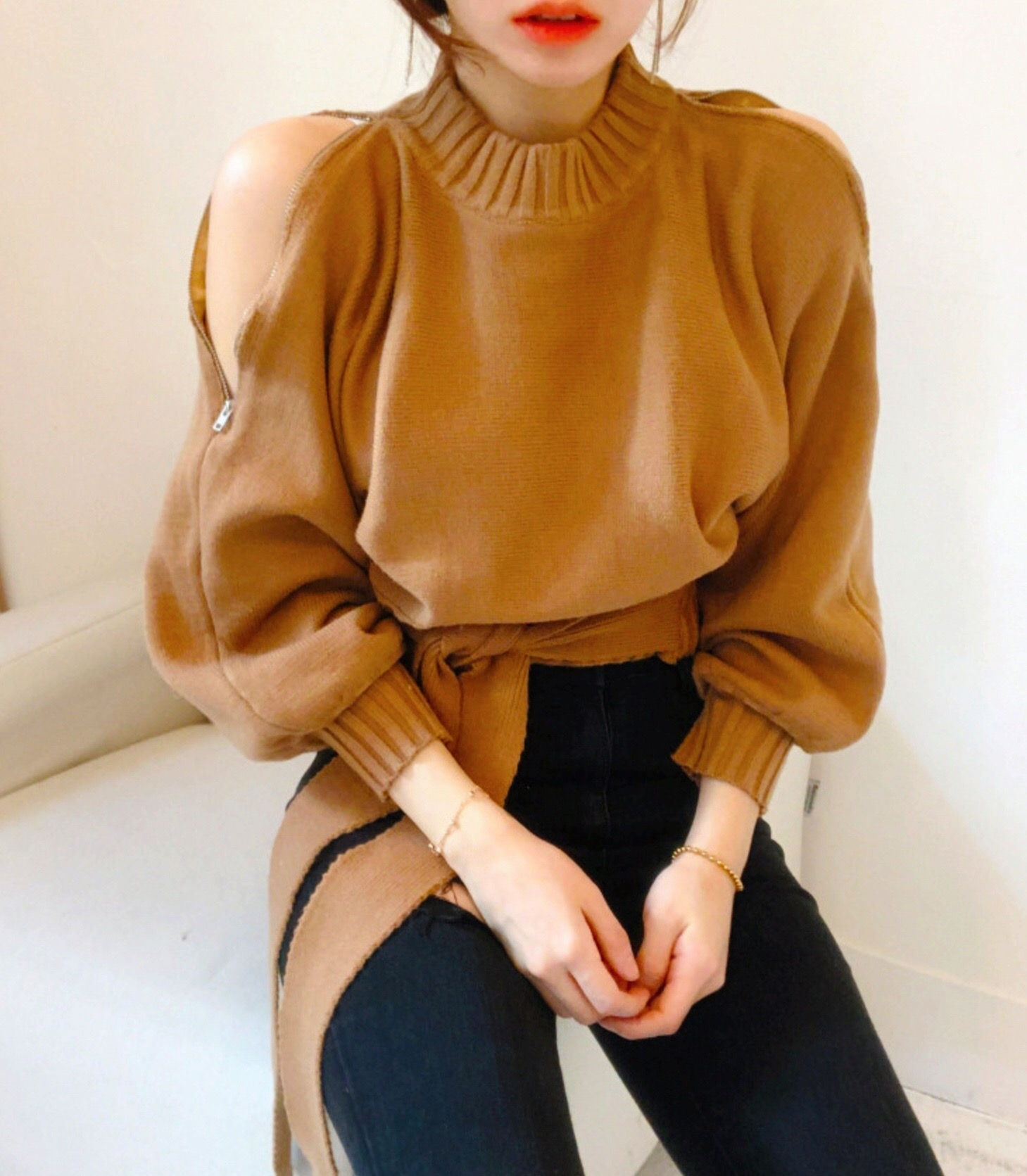 Zip Up Cold Shoulder Sweater 