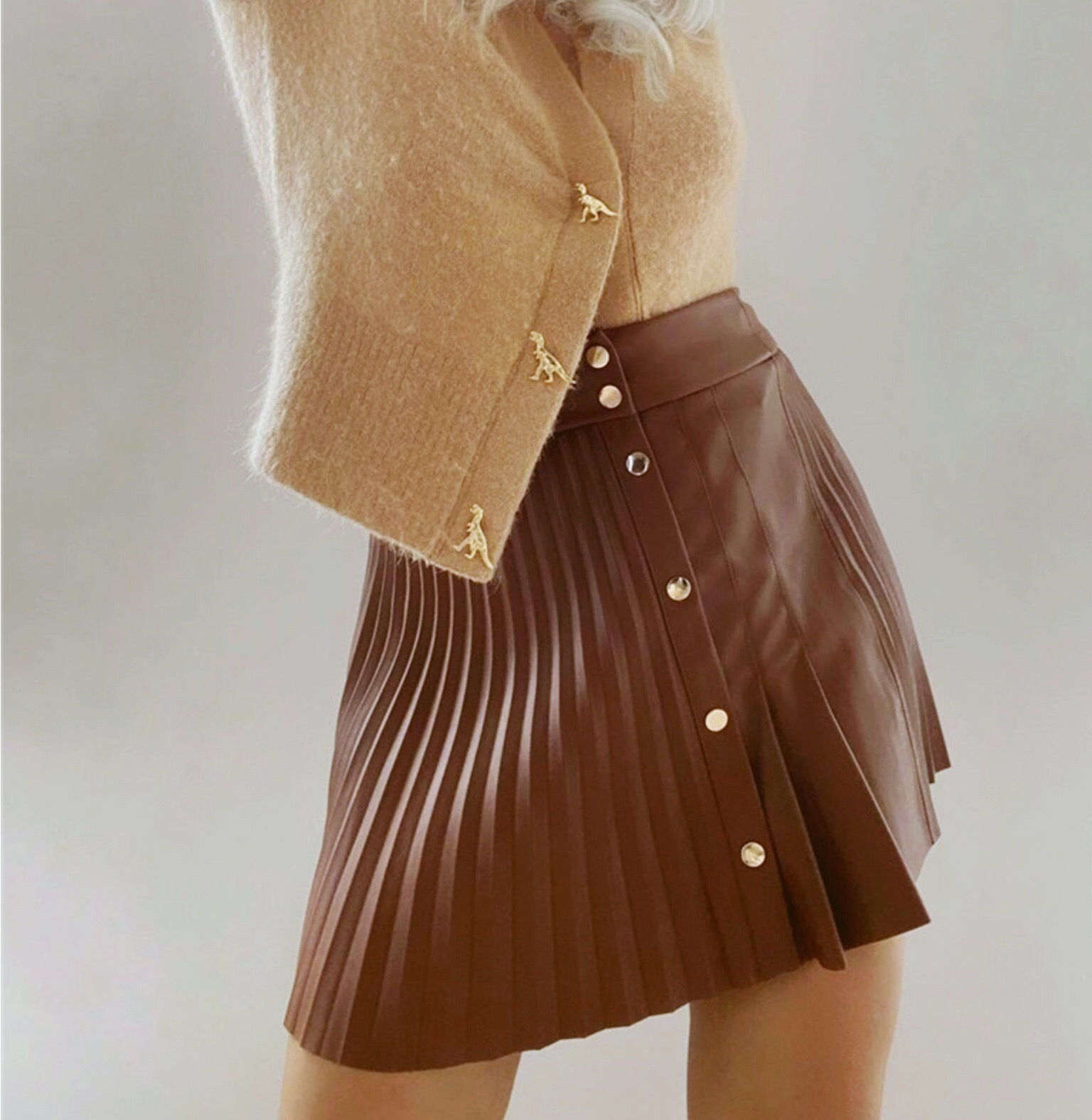 Pleated Leather Mini Skirt
