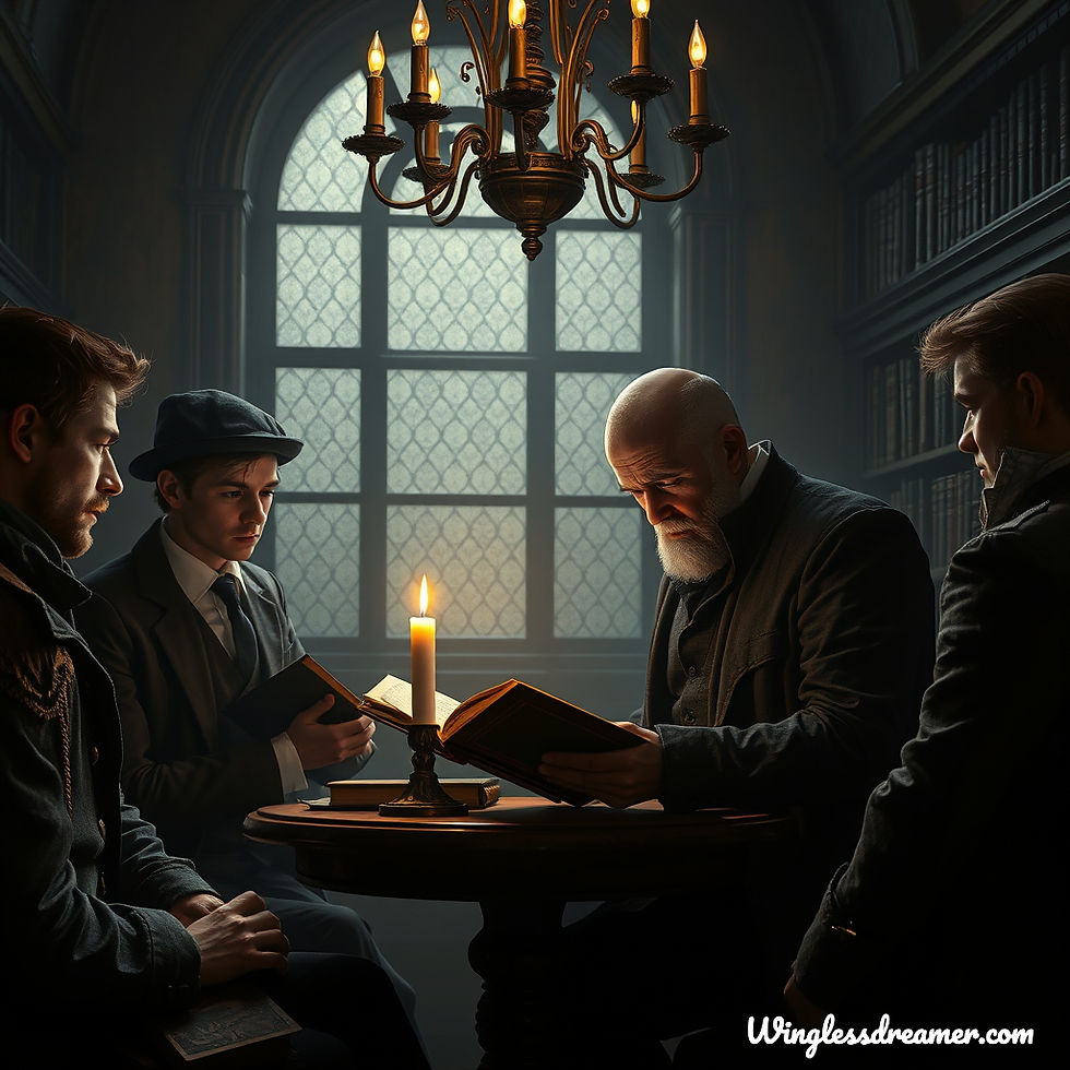 Four men read by candlelight in a dim library. A chandelier hangs above, and books line the shelves. Window adds a mysterious ambiance.