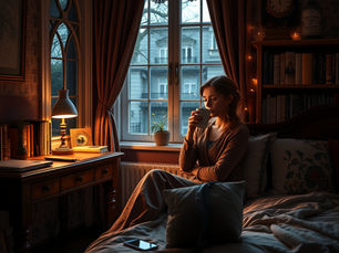 Woman in cozy room sips coffee on bed by window. Warm lamp light, books, and fairy lights create a calm, reflective mood.