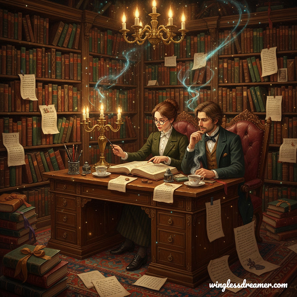 Two scholars study and write at a desk in a candlelit Victorian library, with floating notes and blue magic swirls; winglessdreamer.com