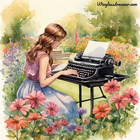 A beautiful lady typing with a typewriter in a garden of flowers