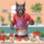 A wolf dressed in grandma's clothes cooking in the kitchen