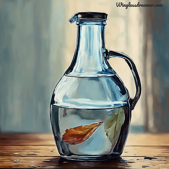 A half full/half empty water jar with a floating brown leaf that depicts a positive or negative thoughts pattern.