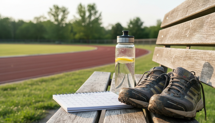 Running shoes, lemon water bottle, and a training calendar on a park bench beside a track under sunny trees.