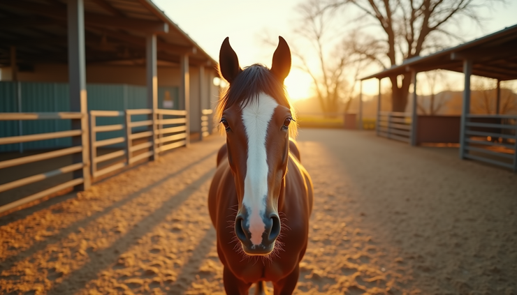 Eye-level view of a calm horse standing quietly in a sunlit round pen