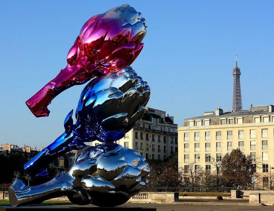 Patrick Laroche exhibition of his contemporary Vegetables sculptures: giant colorful artichokes in Paris, France Invalides Pont Alexandre III.