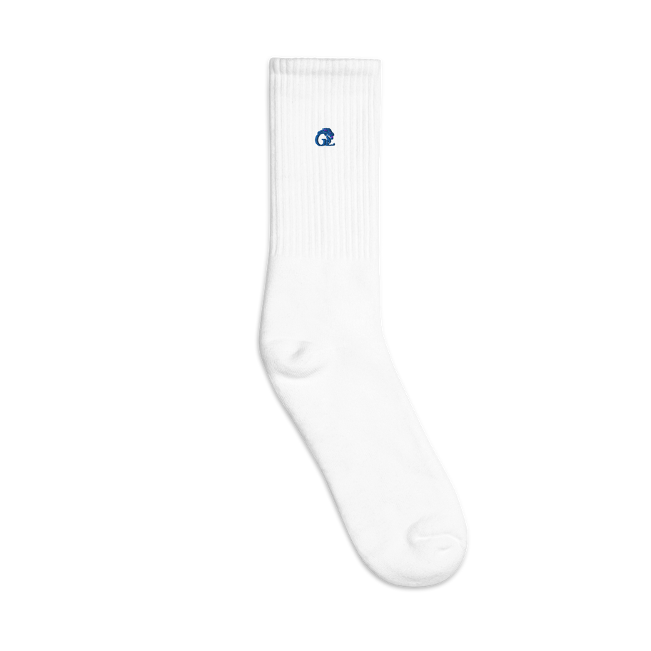 White embroidered athletic crew sock with blue logo
