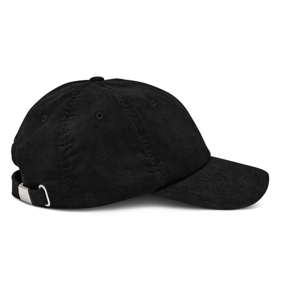 Side view of Made to Become black corduroy hat