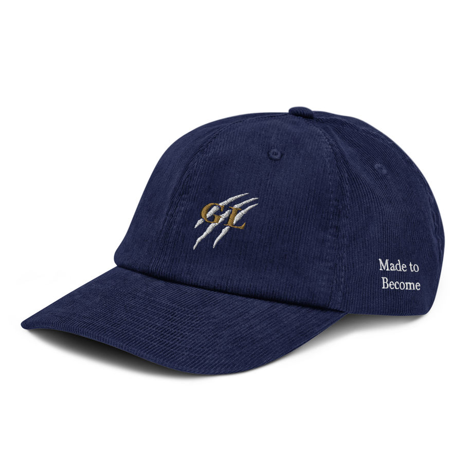 Made to Become embroidered navy corduroy hat with claw logo