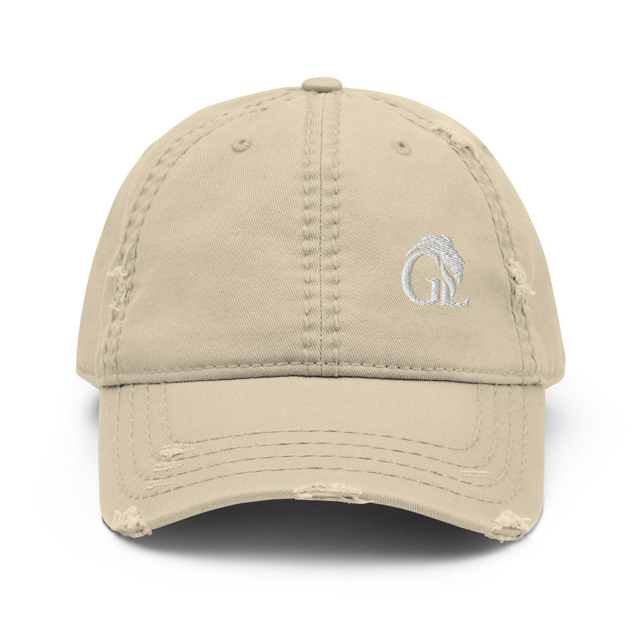 Embroidered Distressed Dad Hat in tan with circular logo.