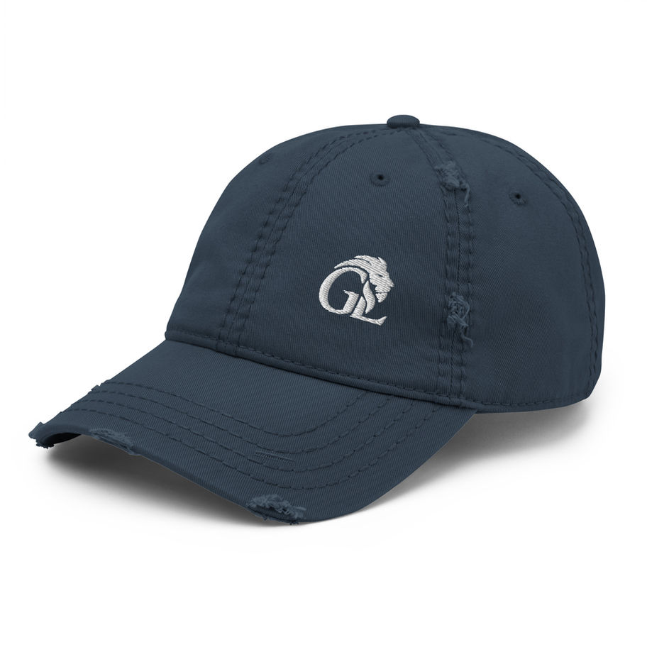 Embroidered Distressed Dad Hat in navy blue with GL logo