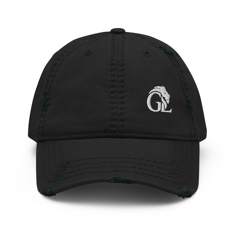 Black embroidered distressed dad hat with white GL logo