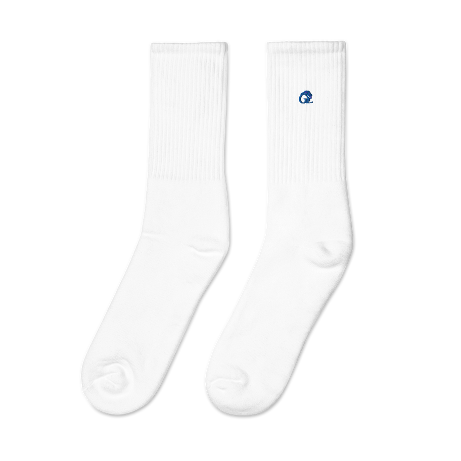 White embroidered athletic crew socks with a small logo.