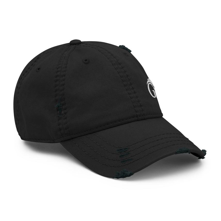Black embroidered distressed dad hat with logo