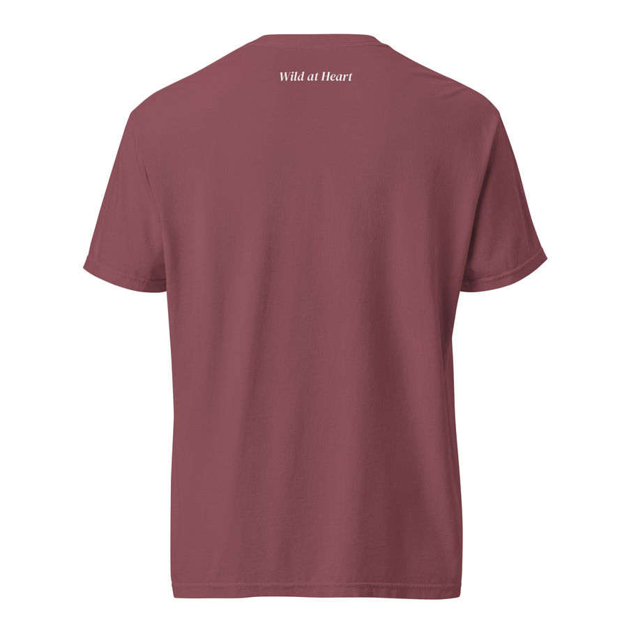 Back of the Wild at Heart garment-dyed t-shirt in dusty red.