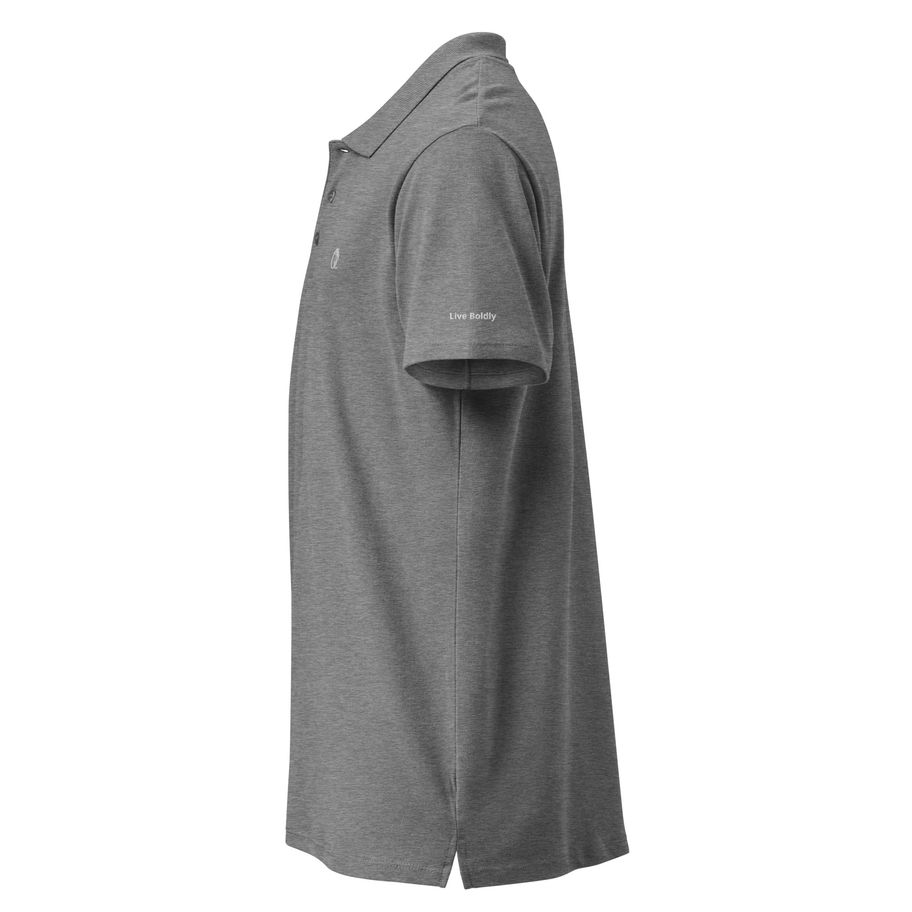 Side view of the Live Boldly Signature Polo in gray cotton