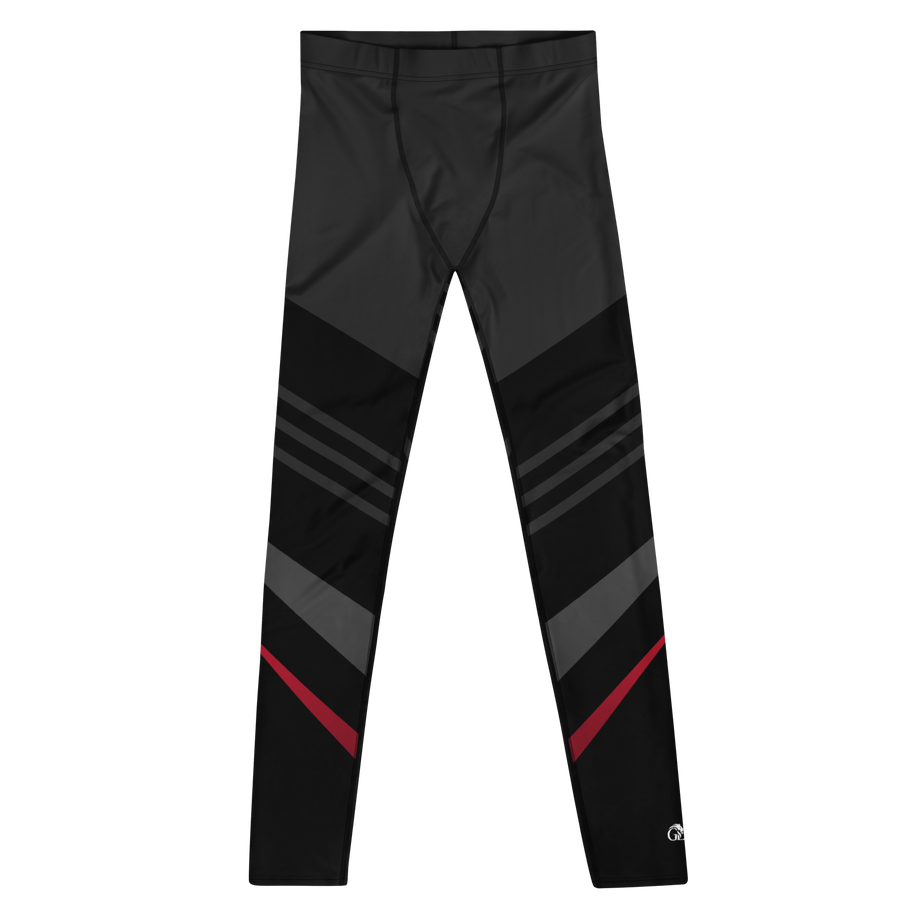 Men’s black performance leggings with grey and red stripes
