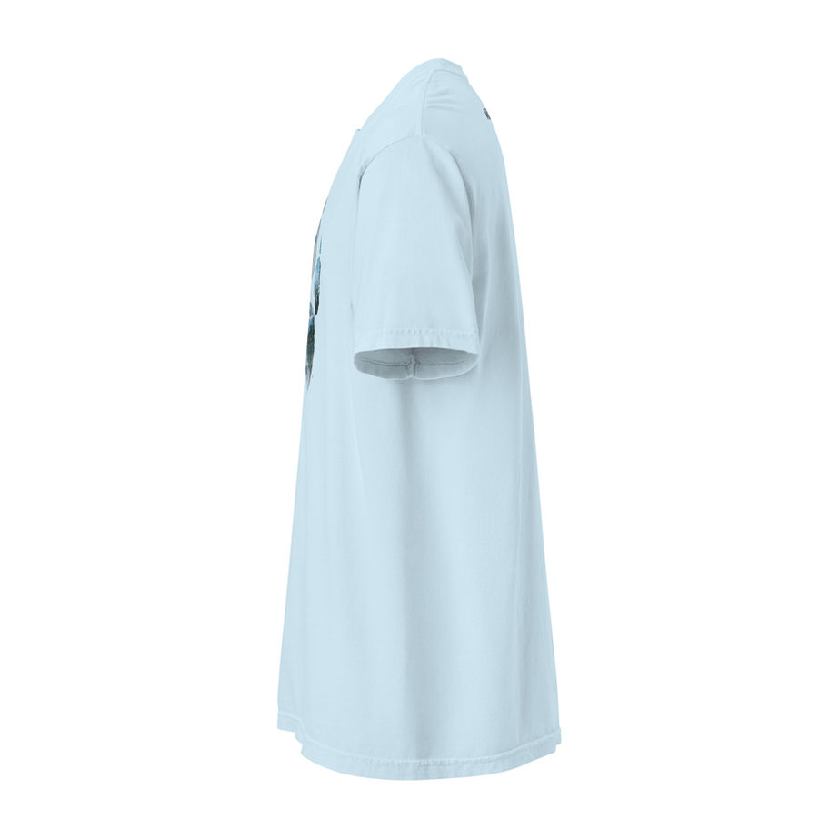 Side view of light blue garment-dyed heavyweight t-shirt