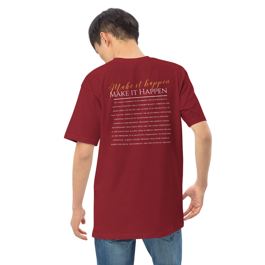Back of a red Make It Happen motivational mindset t-shirt