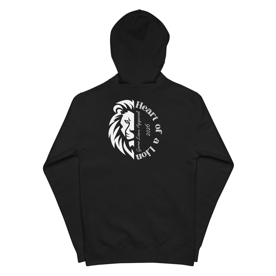 Back of black Heart of a Lion motivational zip-up hoodie