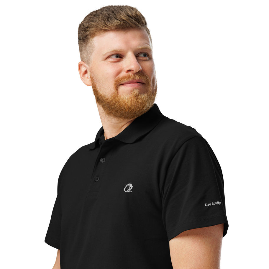 Man wearing Live Boldly black breathable cotton polo shirt