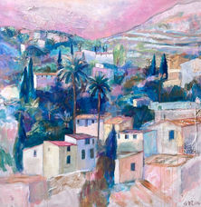 Contemporary art painting of a village in Mallorca by artist Vivian Borsani