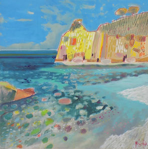 Acrylgemälde des Mittelmeers und einer Klippe auf Mallorca des auf Mallorca lebenden Künstlers Adrian Elgie