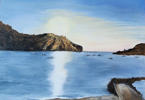 Sunset art painting in Port de Soller Mallorca showing mountains and the Mediterranean with boats by Mallorca based artist Sharon MacLaren