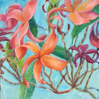 art oil painting of orange flowers with green leaves on a pale blue background by Mallorca based artist Mary-Lynne Stadler
