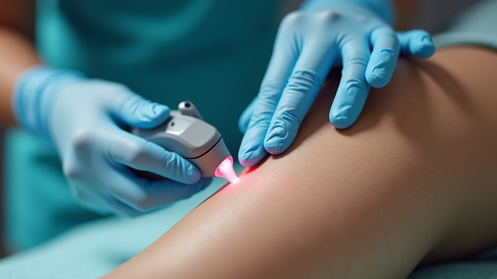 Eye-level view of a laser hair removal treatment in progress on a leg