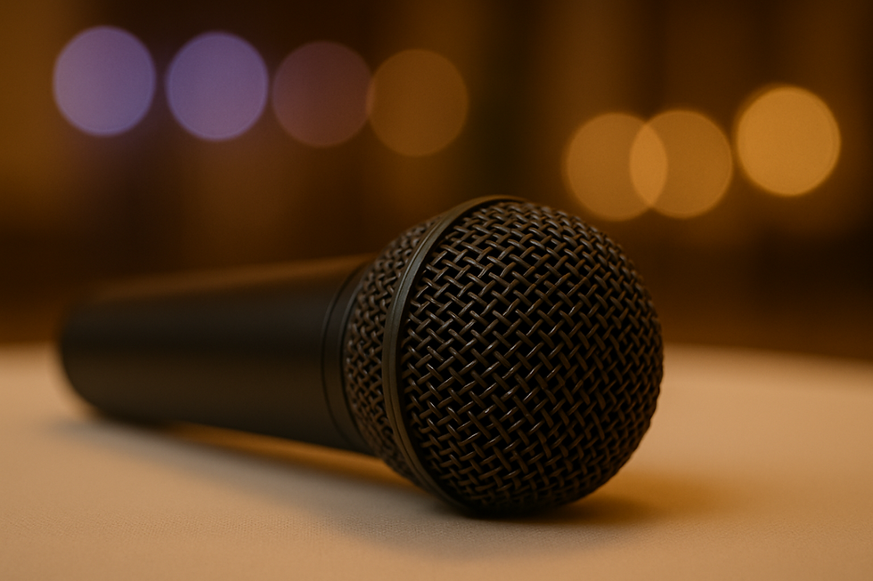Close-up of a wireless microphone on a table with warm bokeh lighting in a conference room at Midtown Conference Center.
