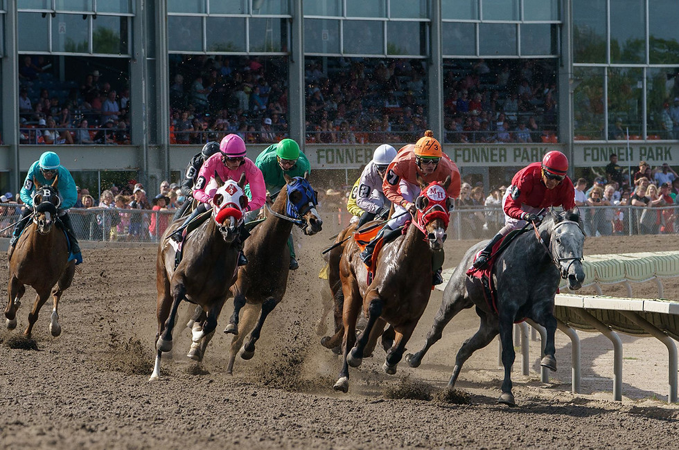 Thoroughbred horse race at Fonner Park racetrack in Grand Island, Nebraska